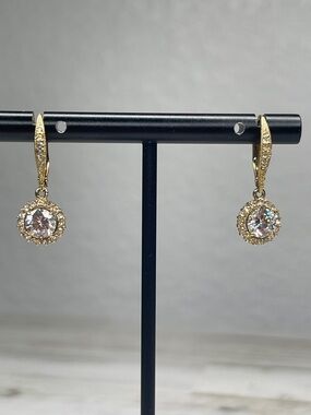 Nadri Framed Round CZ Halo Drop Earrings Gold Leverback